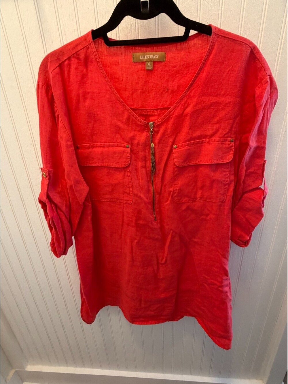 Ellen Tracy Womens Coral Zip Front Tunic Top XL 3/4 Sleeves Pockets [COPY]